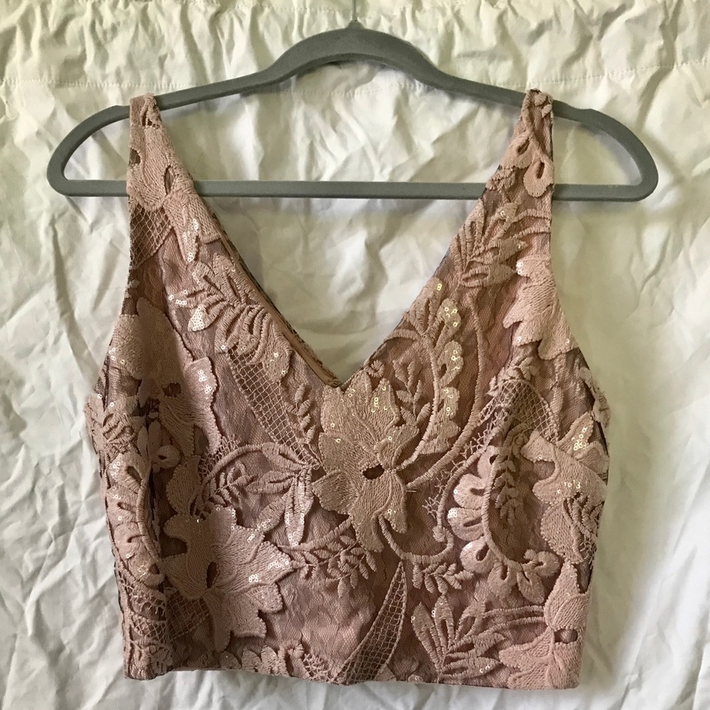 Badgley Mischka Dusty Rose Lace Sequin Crop Top
